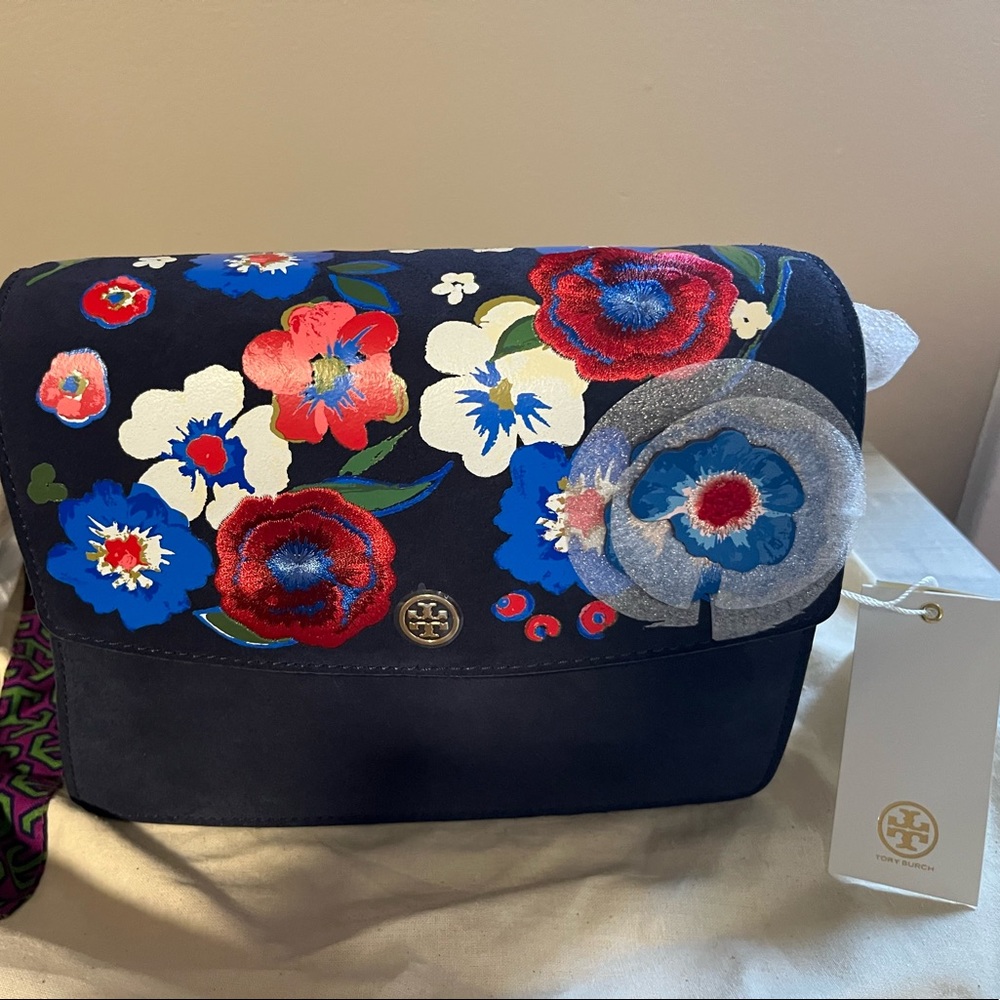 NWT Tory Burch Parker Floral Embroidered Suede Bag